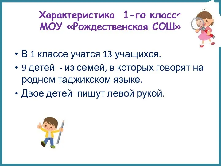 Характеристика 1-го класса МОУ «Рождественская СОШ» В 1 классе учатся 13