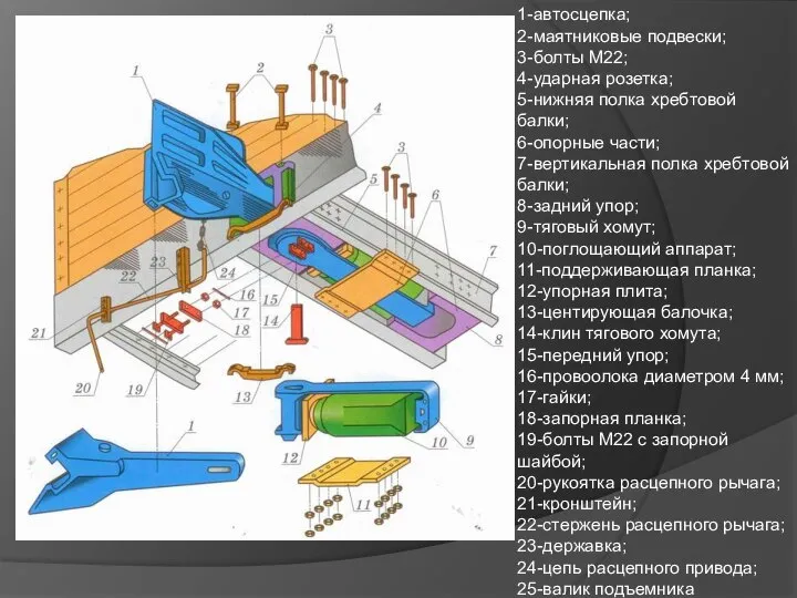 1-автосцепка; 2-маятниковые подвески; 3-болты М22; 4-ударная розетка; 5-нижняя полка хребтовой балки;