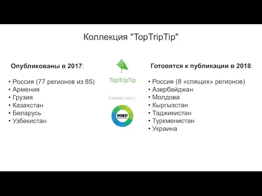 Коллекция "TopTripTip" Опубликованы в 2017: Россия (77 регионов из 85) Армения