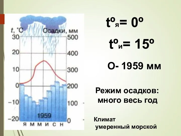 tºя= 0º tºи= 15º О- 1959 мм Режим осадков: много весь год Климат умеренный морской