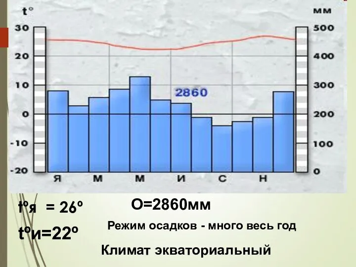 tºя = 26º tºи=22º О=2860мм Режим осадков - много весь год Климат экваториальный