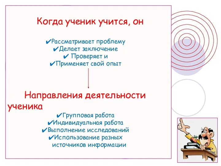 Когда ученик учится, он Рассматривает проблему Делает заключение Проверяет и Применяет