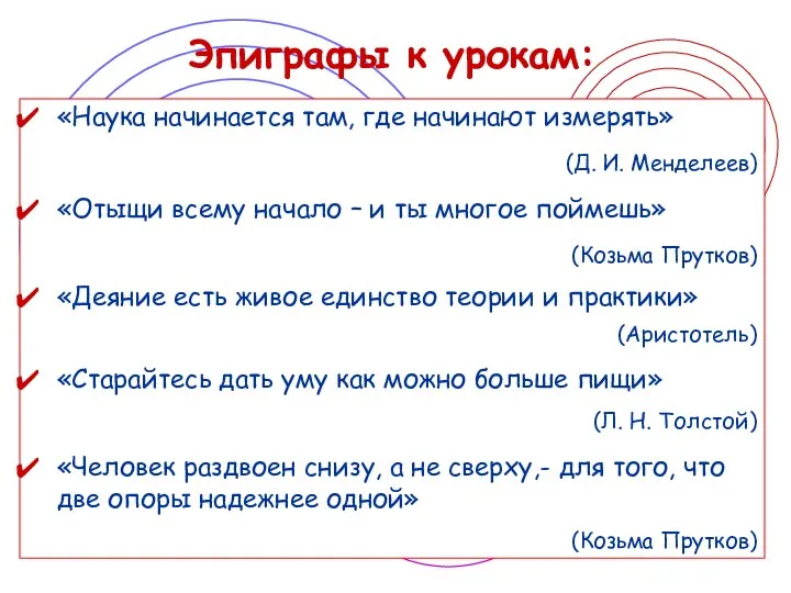 Эпиграфы к урокам: «Наука начинается там, где начинают измерять» (Д. И.