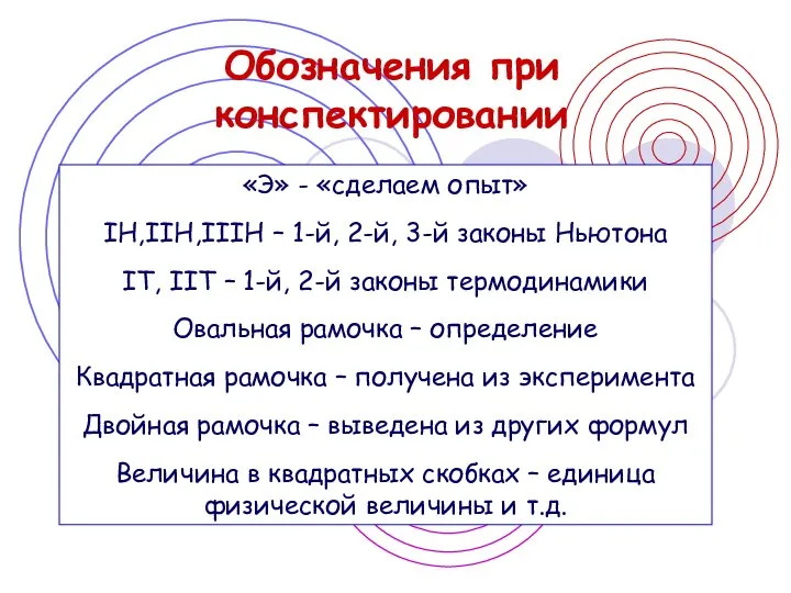 Обозначения при конспектировании «Э» - «сделаем опыт» IH,IIH,IIIH – 1-й, 2-й,