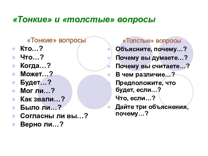 «Тонкие» и «толстые» вопросы «Тонкие» вопросы Кто…? Что…? Когда…? Может…? Будет…?