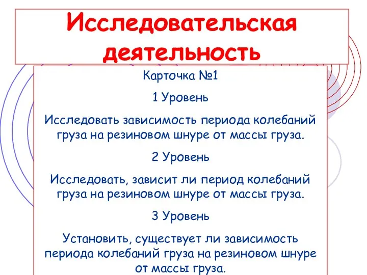 Исследовательская деятельность Карточка №1 1 Уровень Исследовать зависимость периода колебаний груза