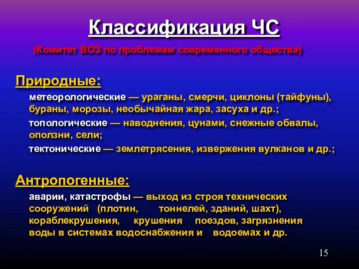 (Комитет ВОЗ по проблемам современного общества) Природные: метеорологические — ураганы, смерчи,