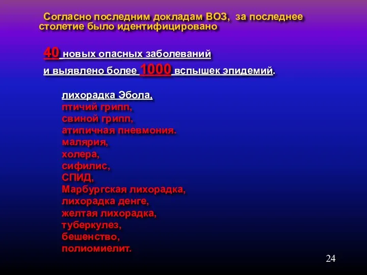 Согласно последним докладам ВОЗ, за последнее столетие было идентифицировано 40 новых