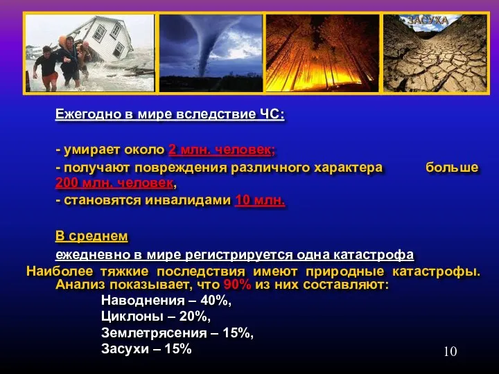 Ежегодно в мире вследствие ЧС: - умирает около 2 млн. человек;