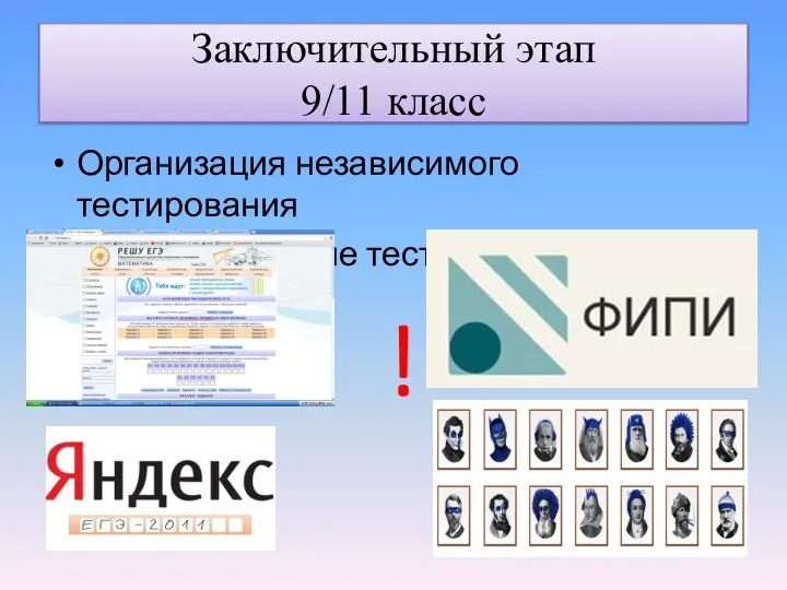 Заключительный этап 9/11 класс Организация независимого тестирования Индивидуальные тестовые работы !