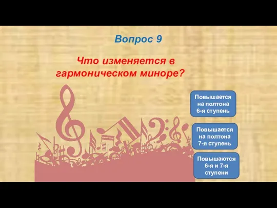 Вопрос 9 Что изменяется в гармоническом миноре? Повышается на полтона 7-я