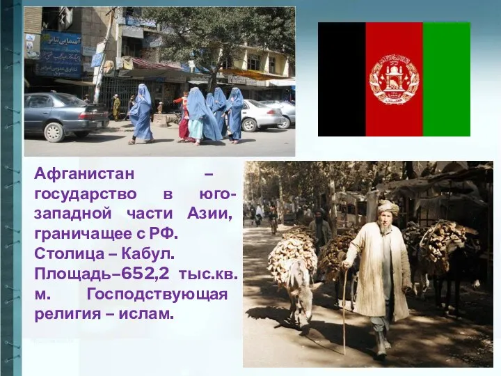 Афганистан – государство в юго-западной части Азии, граничащее с РФ. Столица
