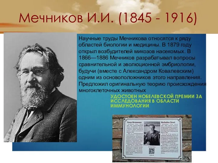 Мечников И.И. (1845 - 1916) УДОСТОЕН НОБЕЛЕВСКОЙ ПРЕМИИ ЗА ИССЛЕДОВАНИЯ В