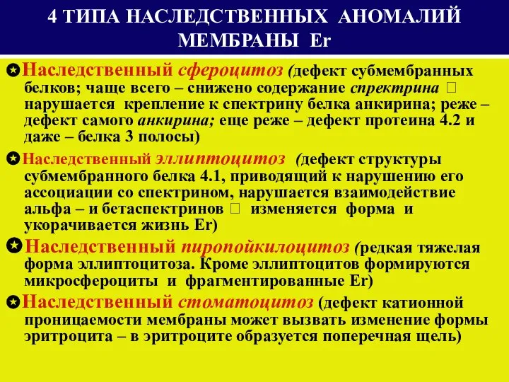 4 ТИПА НАСЛЕДСТВЕННЫХ АНОМАЛИЙ МЕМБРАНЫ Er ✪Наследственный сфероцитоз (дефект субмембранных белков;