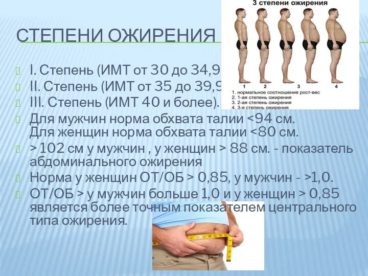 СТЕПЕНИ ОЖИРЕНИЯ I. Степень (ИМТ от 30 до 34,9); II. Степень