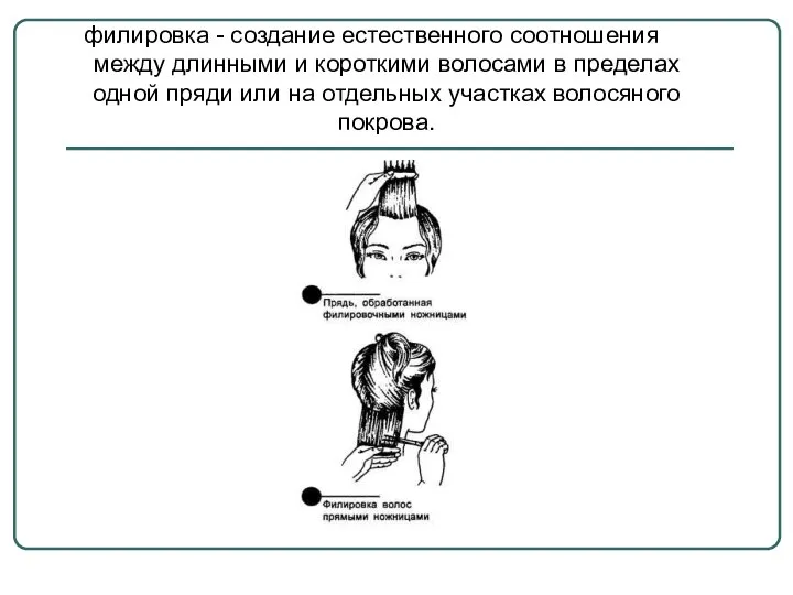 филировка - создание естественного соотношения между длинными и короткими волосами в