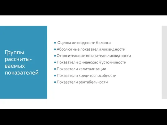 Группы рассчиты-ваемых показателей Оценка ликвидности баланса Абсолютные показатели ликвидности Относительные показатели