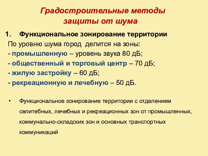 Градостроительные методы защиты от шума Функциональное зонирование территории По уровню шума