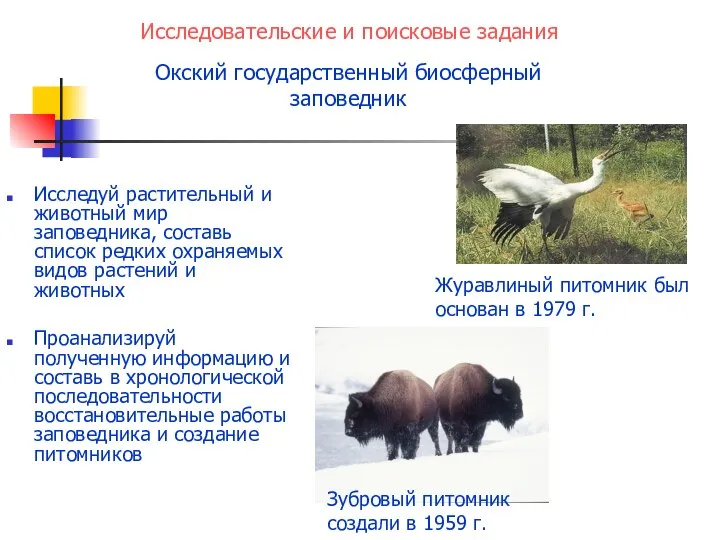 Окский государственный биосферный заповедник Исследовательские и поисковые задания Зубровый питомник создали