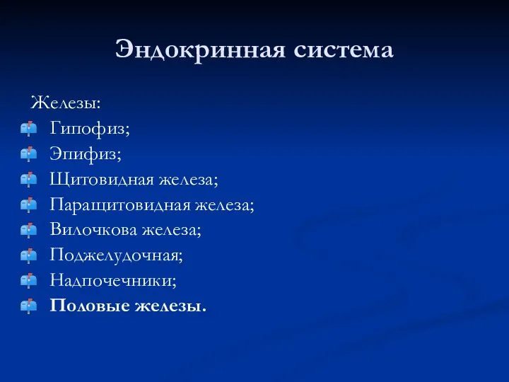 Эндокринная система Железы: Гипофиз; Эпифиз; Щитовидная железа; Паращитовидная железа; Вилочкова железа; Поджелудочная; Надпочечники; Половые железы.