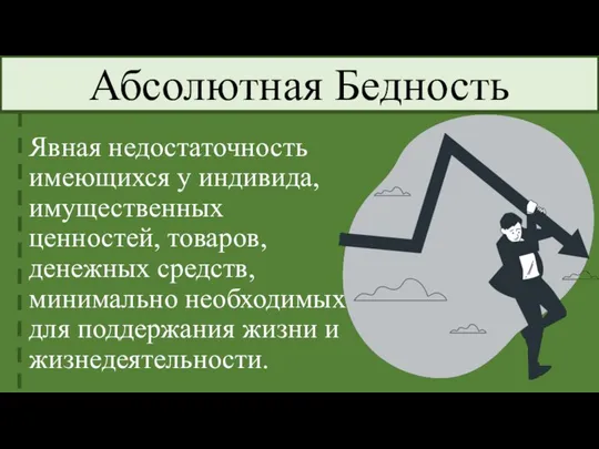 Абсолютная Бедность Явная недостаточность имеющихся у индивида, имущественных ценностей, товаров, денежных