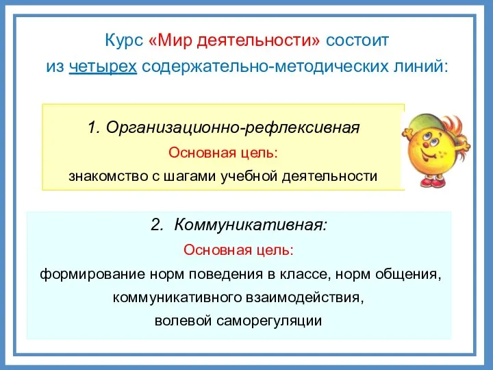 1. Организационно-рефлексивная Основная цель: знакомство с шагами учебной деятельности Курс «Мир