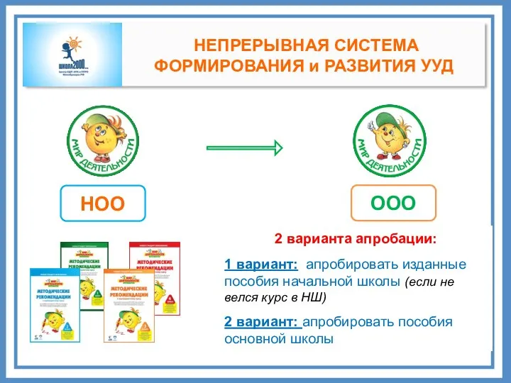 НОО ООО 2 варианта апробации: 1 вариант: апробировать изданные пособия начальной