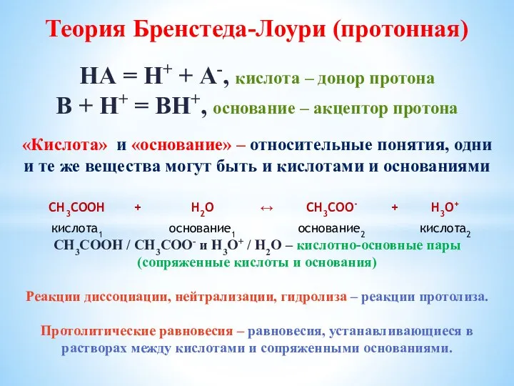 Теория Бренстеда-Лоури (протонная) НА = Н+ + А-, кислота – донор