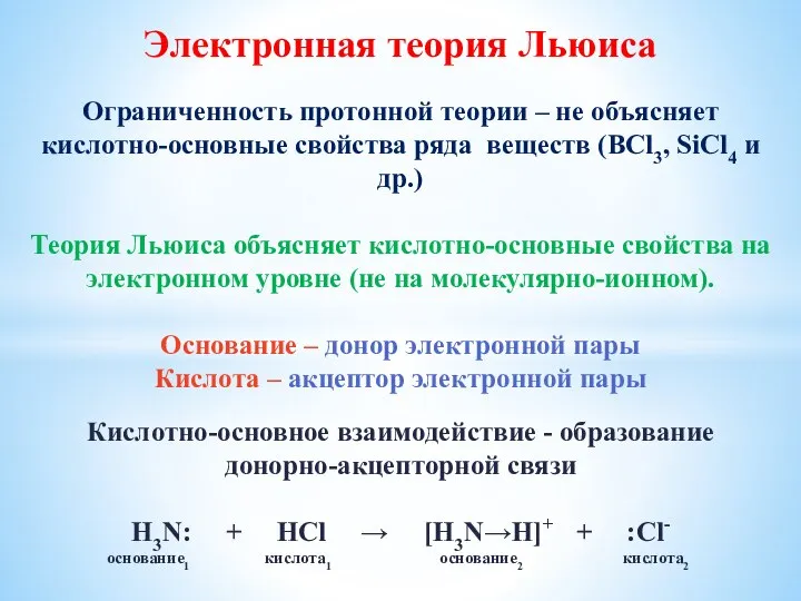 Электронная теория Льюиса Ограниченность протонной теории – не объясняет кислотно-основные свойства