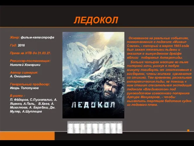 Жанр: фильм-катастрофа Год: 2016 Права на НТВ до 31.03.27. Режиссер-постановщик: Николай