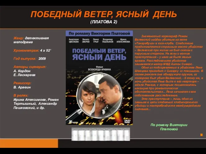 ПОБЕДНЫЙ ВЕТЕР, ЯСНЫЙ ДЕНЬ (ПЛАТОВА 2) Жанр: детективная мелодрама Хронометраж: 4