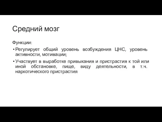 Средний мозг Функции: Регулирует общий уровень возбуждения ЦНС, уровень активности, мотивации;