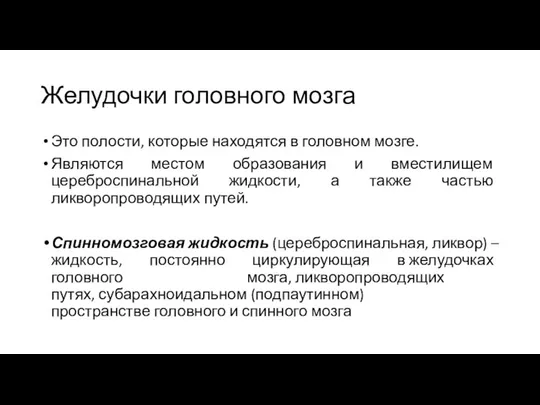 Желудочки головного мозга Это полости, которые находятся в головном мозге. Являются