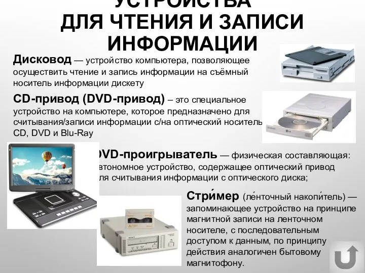 УСТРОЙСТВА ДЛЯ ЧТЕНИЯ И ЗАПИСИ ИНФОРМАЦИИ CD-привод (DVD-привод) – это специальное