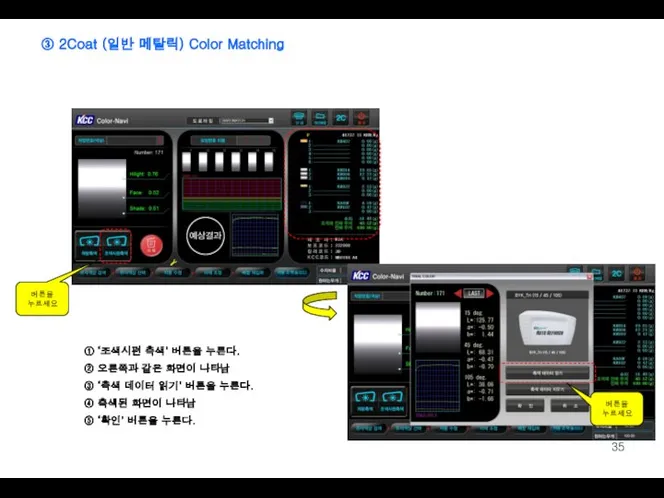 버튼을 누르세요 ① ‘조색시편 측색’ 버튼을 누른다. ② 오른쪽과 같은 화면이