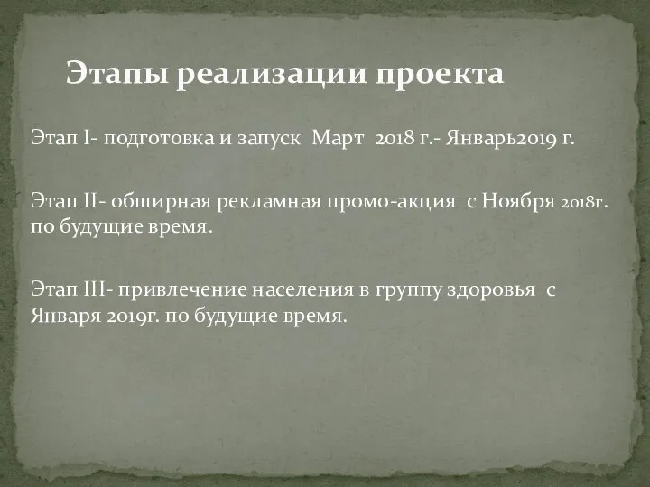 Этап I- подготовка и запуск Март 2018 г.- Январь2019 г. Этап