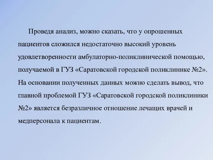 Проведя анализ, можно сказать, что у опрошенных пациентов сложился недостаточно высокий