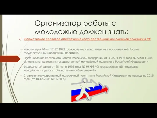 Организатор работы с молодежью должен знать: Нормативное правовое обеспечение государственной молодежной