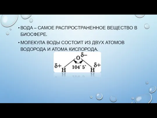 ВОДА – САМОЕ РАСПРОСТРАНЕННОЕ ВЕЩЕСТВО В БИОСФЕРЕ. МОЛЕКУЛА ВОДЫ СОСТОИТ ИЗ