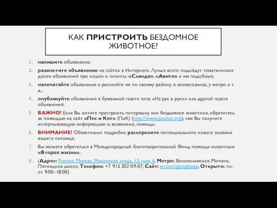 КАК ПРИСТРОИТЬ БЕЗДОМНОЕ ЖИВОТНОЕ? напишите объявление; разместите объявление на сайтах в