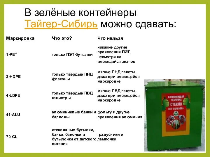 В зелёные контейнеры Тайгер-Сибирь можно сдавать: