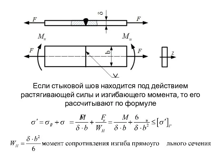 Если стыковой шов находится под действием растягивающей силы и изгибающего момента, то его рассчитывают по формуле