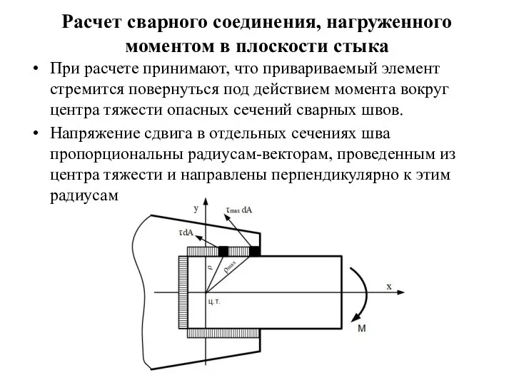 Расчет сварного соединения, нагруженного моментом в плоскости стыка При расчете принимают,