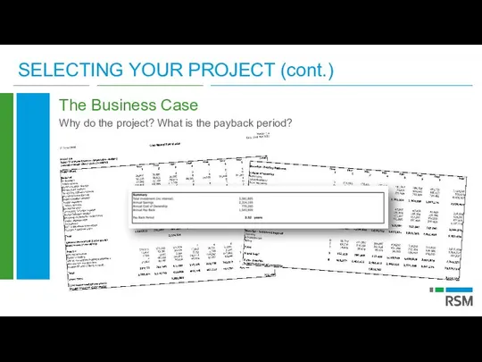 SELECTING YOUR PROJECT (cont.) The Business Case Why do the project? What is the payback period?