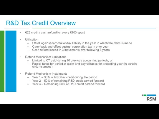 R&D Tax Credit Overview €25 credit / cash refund for every