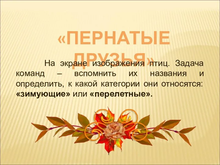 «ПЕРНАТЫЕ ДРУЗЬЯ» На экране изображения птиц. Задача команд – вспомнить их