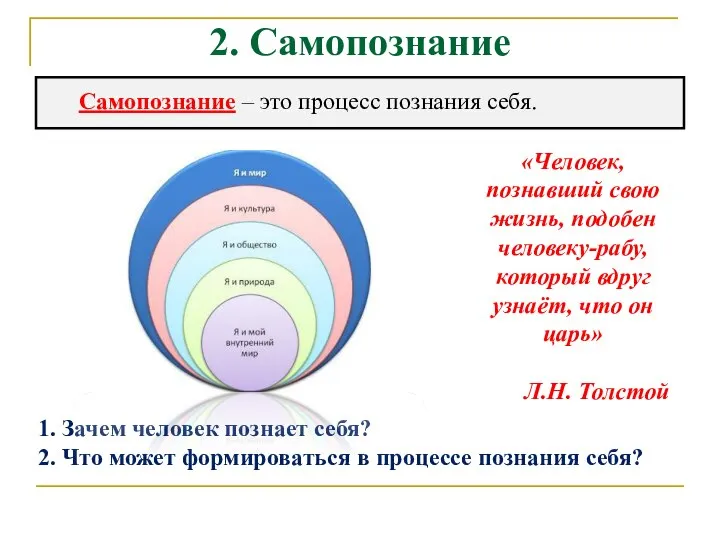 2. Самопознание Самопознание – это процесс познания себя. 1. Зачем человек