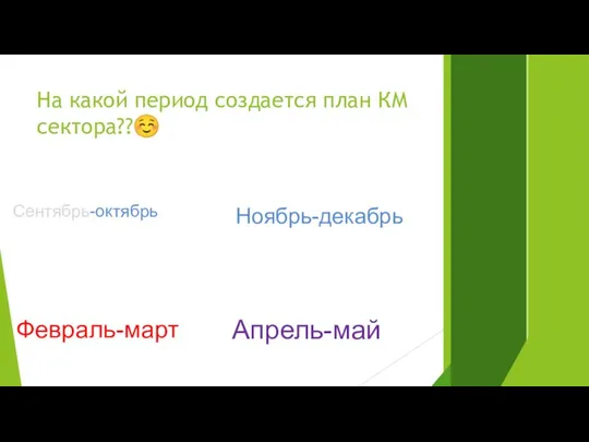 Сентябрь-октябрь Ноябрь-декабрь Апрель-май Февраль-март На какой период создается план КМ сектора??☺