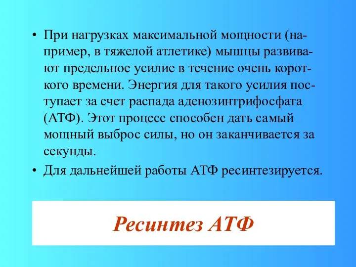 При нагрузках максимальной мощности (на-пример, в тяжелой атлетике) мышцы развива-ют предельное