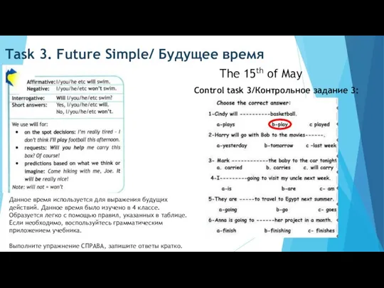 Task 3. Future Simple/ Будущее время The 15th of May Данное